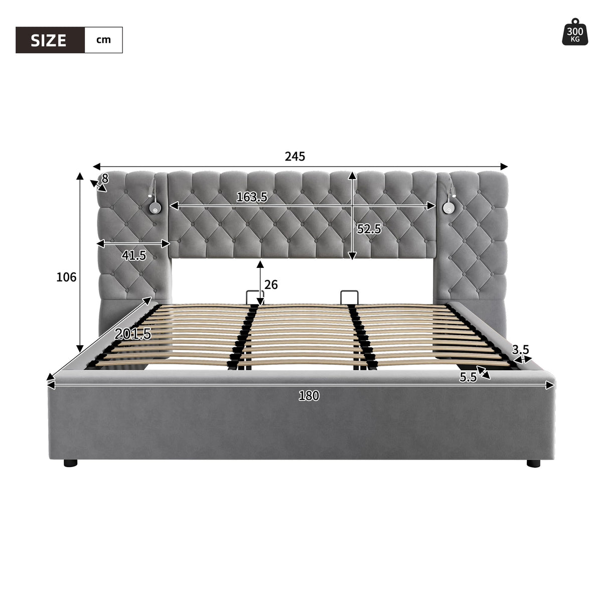 Cama 180x200 cm Camas Matrimoniales con LED y Lámpara de Noche, Cama Doble Tapizada con USB y Cabecero Ancho, Almacenaje Hidráulico, Soporte de Lamas de Madera, Terciopelo, Sin Colchón, Gris