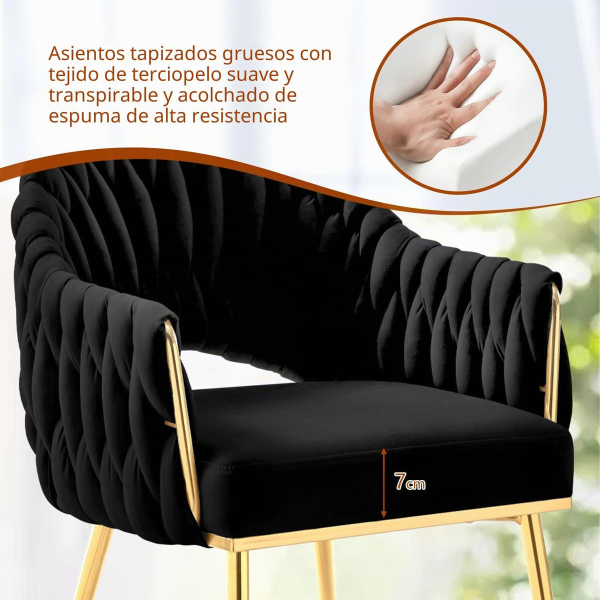 Juego de 4 sillas de comedor de terciopelo, sillones de salón, sillas de comedor con reposabrazos, sillas de cocina con respaldo alto trenzado a mano, silla de tocador con patas doradas
