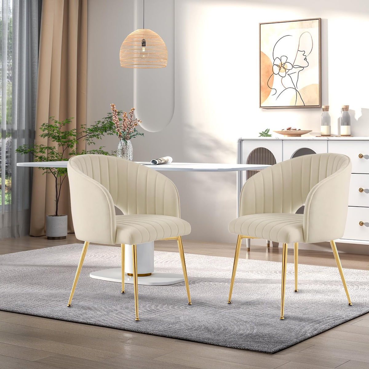Juego de 6 sillas de comedor de terciopelo, sillas tapizadas con reposabrazos, patas doradas, sillas de cocina, para salón, dormitorio, oficina (6, blanco crema)