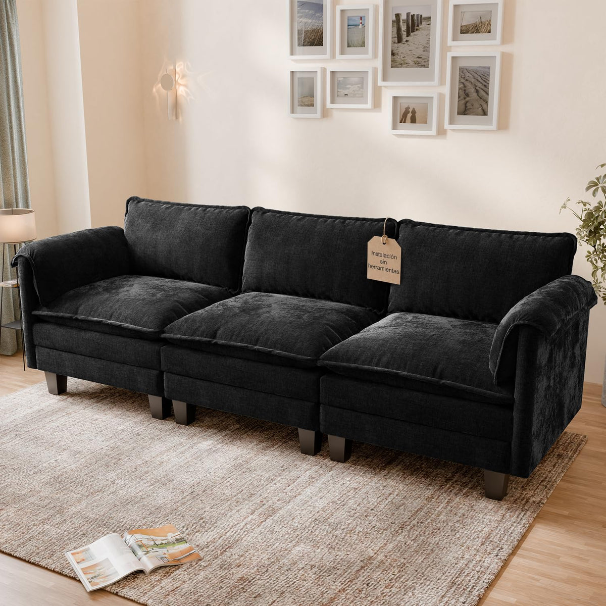 ELUCHANG Sofá Nube Modular 256cm, Sofá de 3 Plazas con Asiento Profundo 62cm, Montaje sin Herramientas, Sofá Moderno de Chenilla para Salón y Habitación, Gris Perla