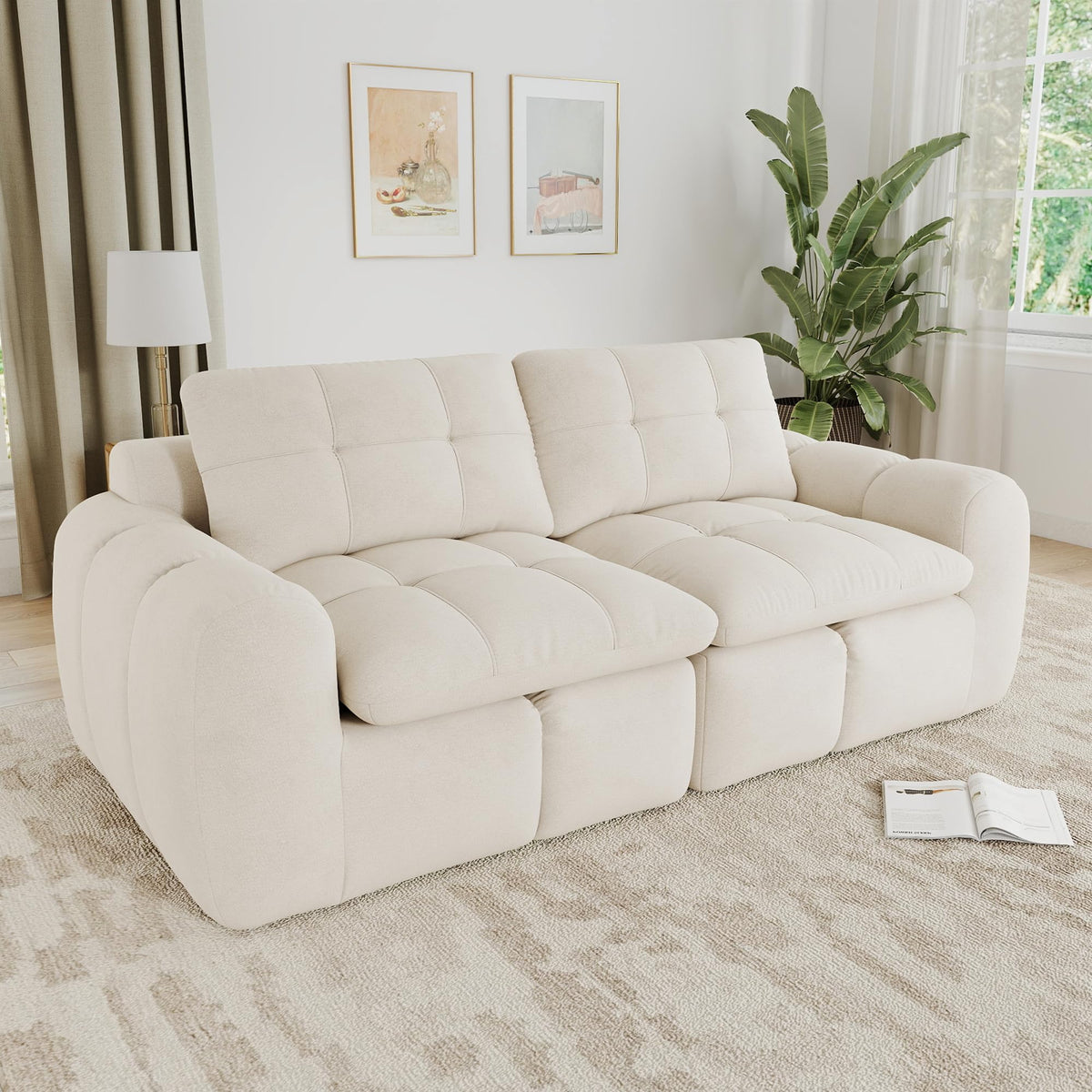 Sofá de 3 plazas con 1 taburete chenilla beige