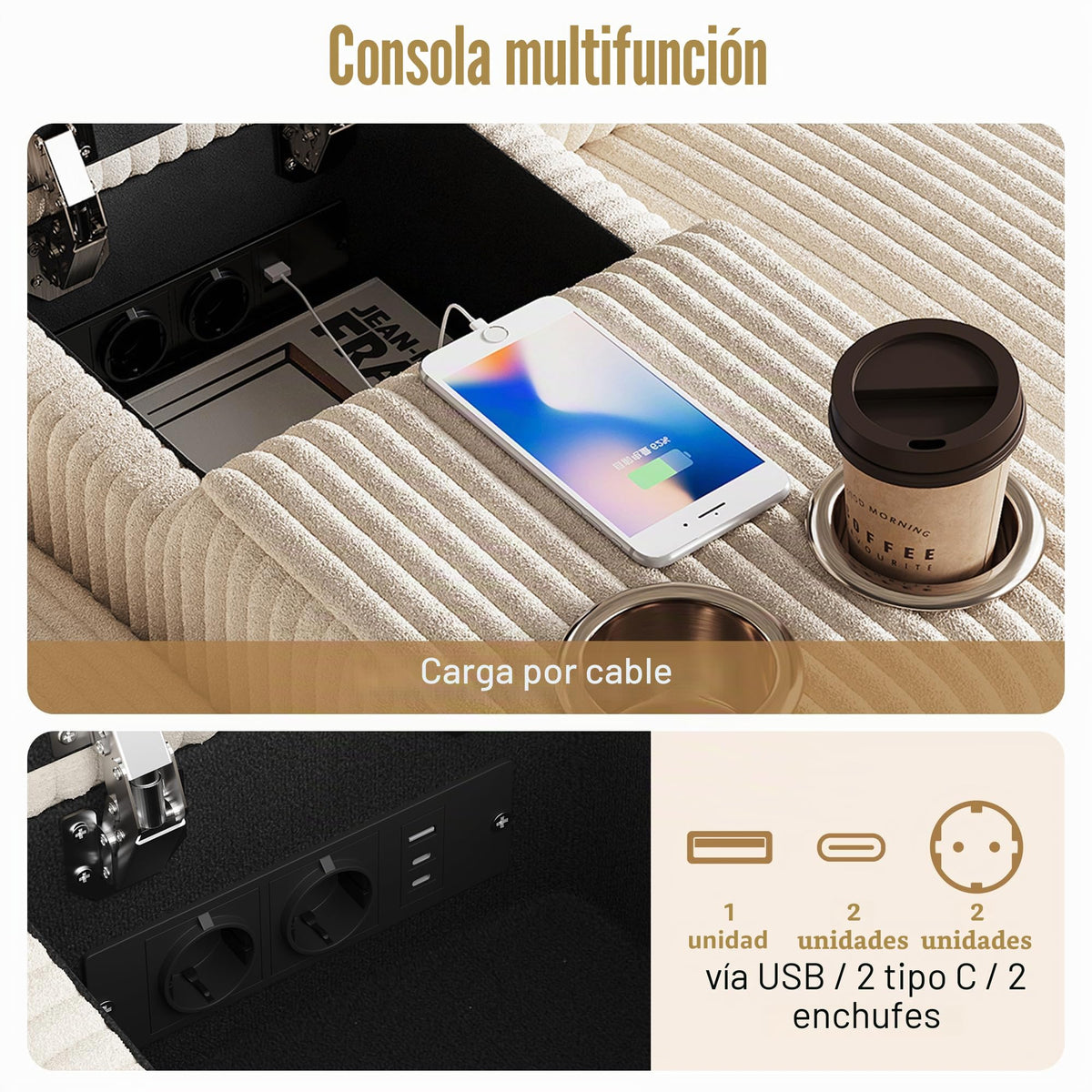 Sofá moderno de chenilla en forma de U con chaise longue, sofá esquinero de 4 plazas con espacio de almacenamiento, puerto USB y tipo C, modular, con soporte para bebidas y cojines suaves