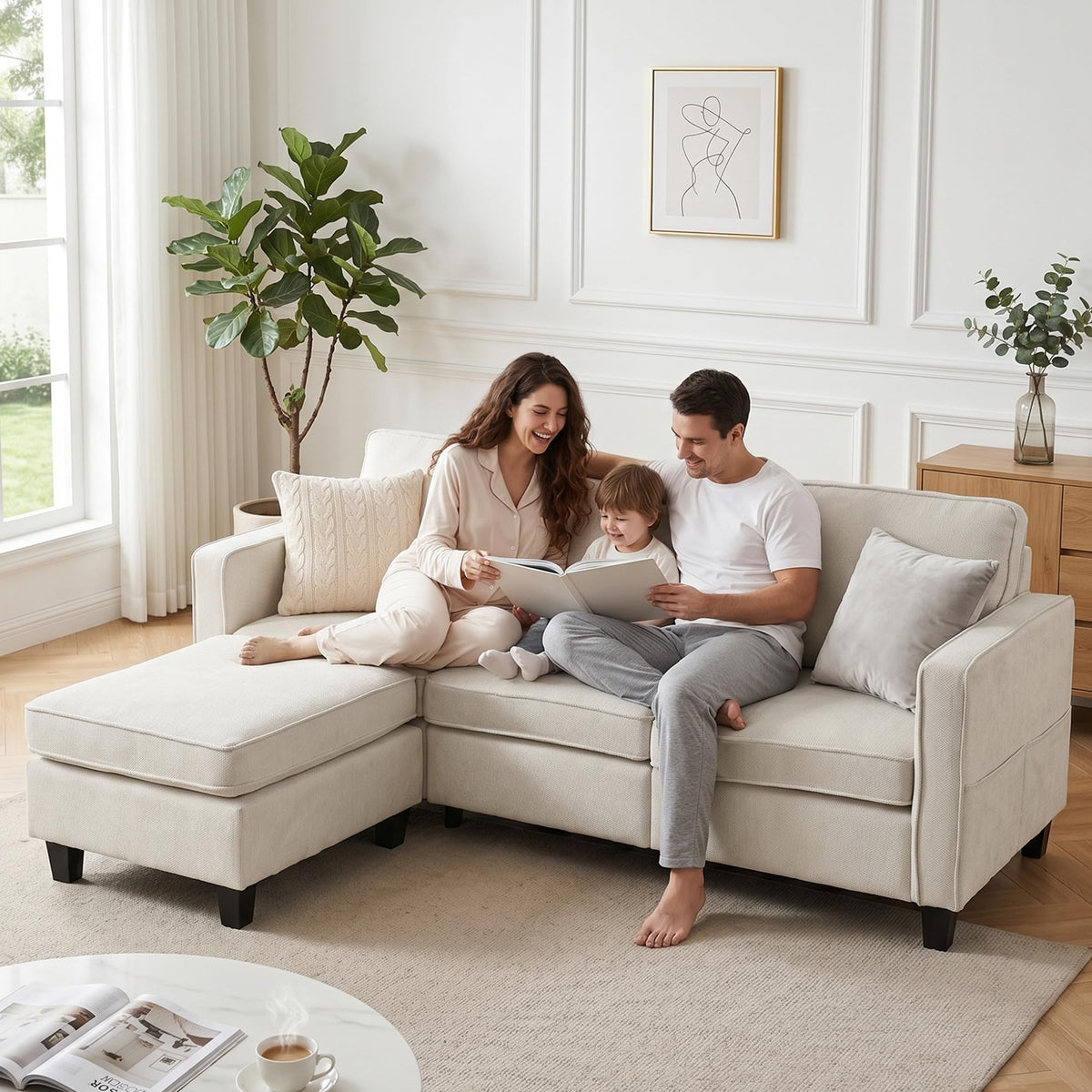 Sofá de 3 plazas con taburete, sofá flexible en forma de L como sofá esquinero, funda de tela suave con acolchado de espuma de alta densidad, sofá de salón para sala de estar, dormitorio, oficina y