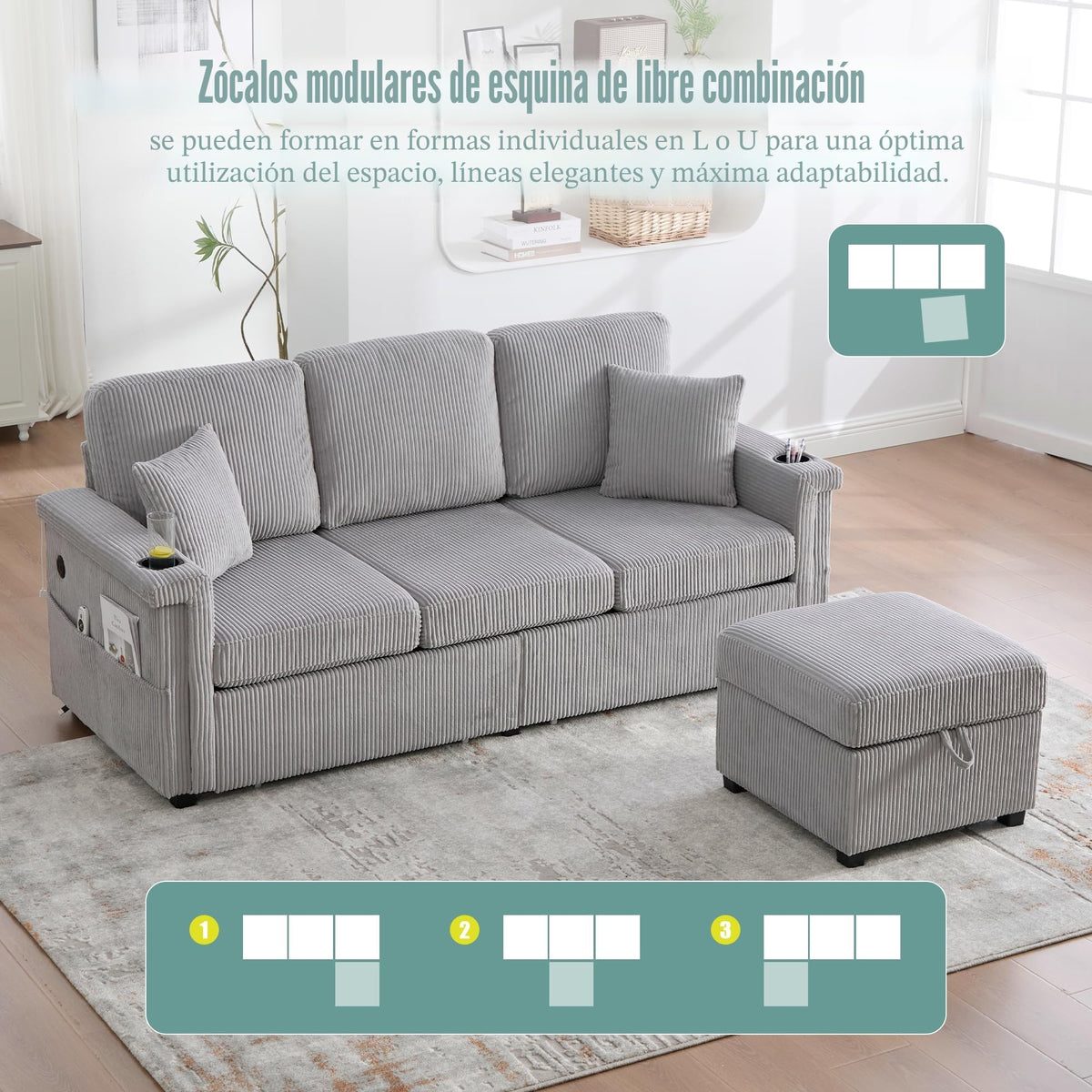 Lubvtti Sofá cama de 3 plazas moderno con función de cama, con espacio de almacenamiento, cargador USB, reposabrazos portaobjetos y 2 cojines, sofá de esquina en L, sofá de 3 plazas, chenilla (C-gris)