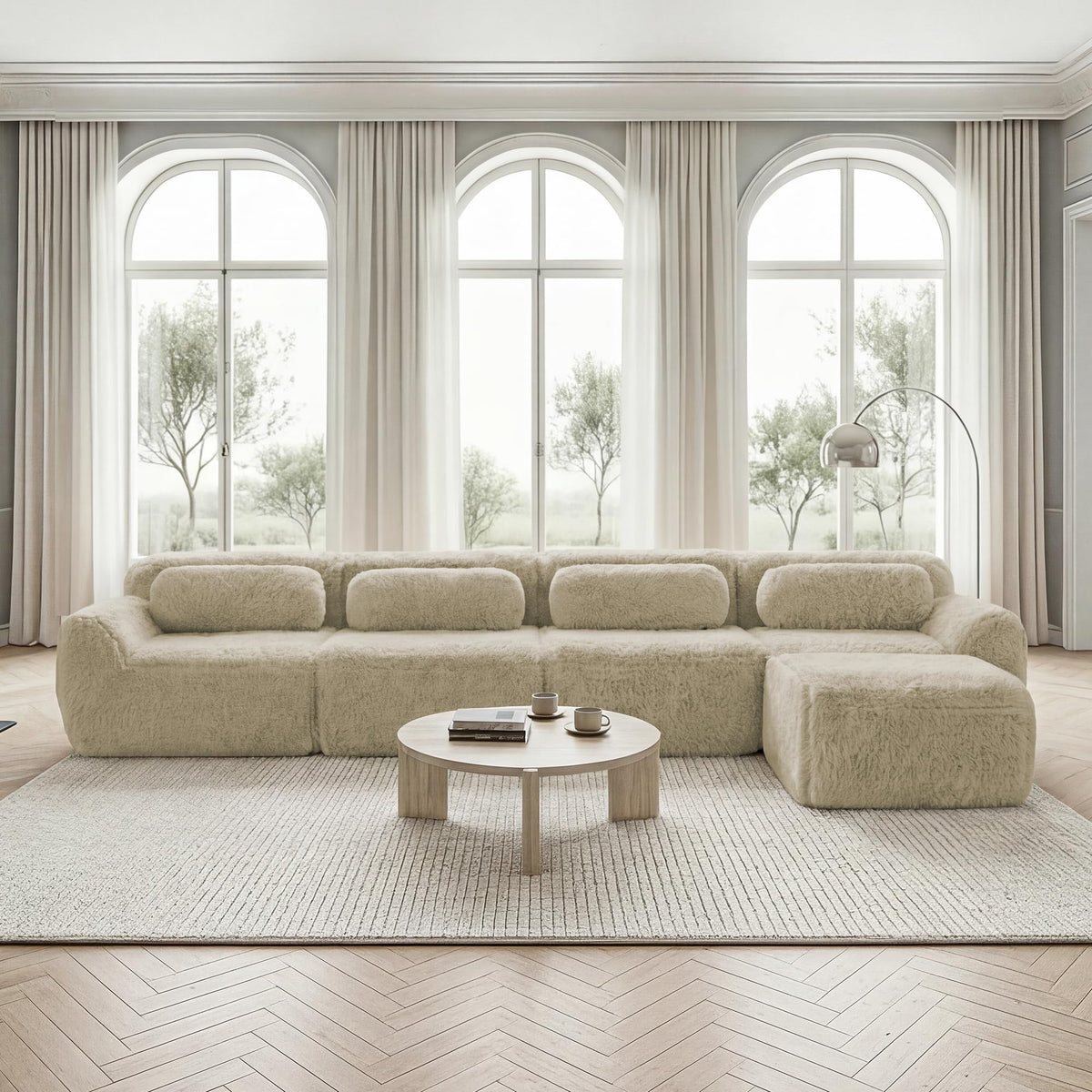 Sofá modular combinable en forma de L de 4 plazas, tejido de felpa con cojines, espuma de alta elasticidad, diseño chaise longue para salón o dormitorio (negro)
