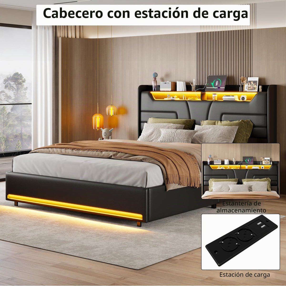 Cama tapizada de 160 x 200 cm, cama doble LED con espacio de almacenamiento, cabecero y función de carga USB C, cama de almacenamiento hidráulico, respaldo con somier de láminas de madera