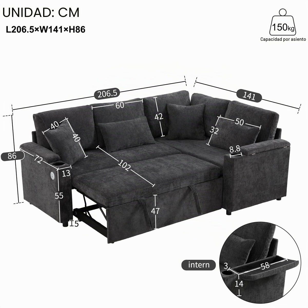 Lubvtti Sofá cama de 3 plazas moderno con función de cama, con espacio de almacenamiento, cargador USB, reposabrazos portaobjetos y 2 cojines, sofá de esquina en L, sofá de 3 plazas, chenilla (C-gris)