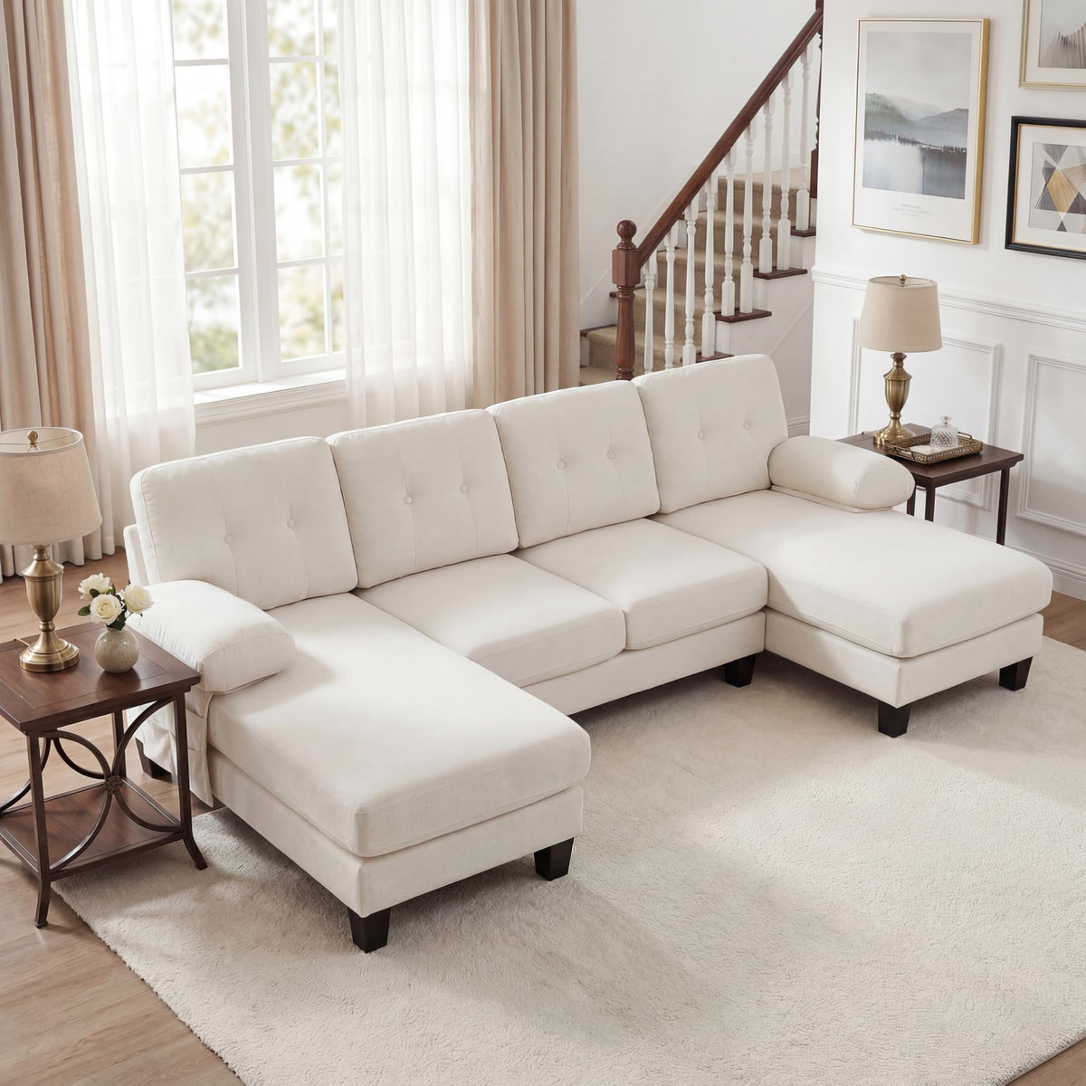 Sofá modular de 6 plazas, sofá esquinero en forma de L/U, puertos USB/tipo C, portavasos y espacio de almacenamiento, tela de chenilla, 7 cojines, salón, dormitorio y oficina, color beige