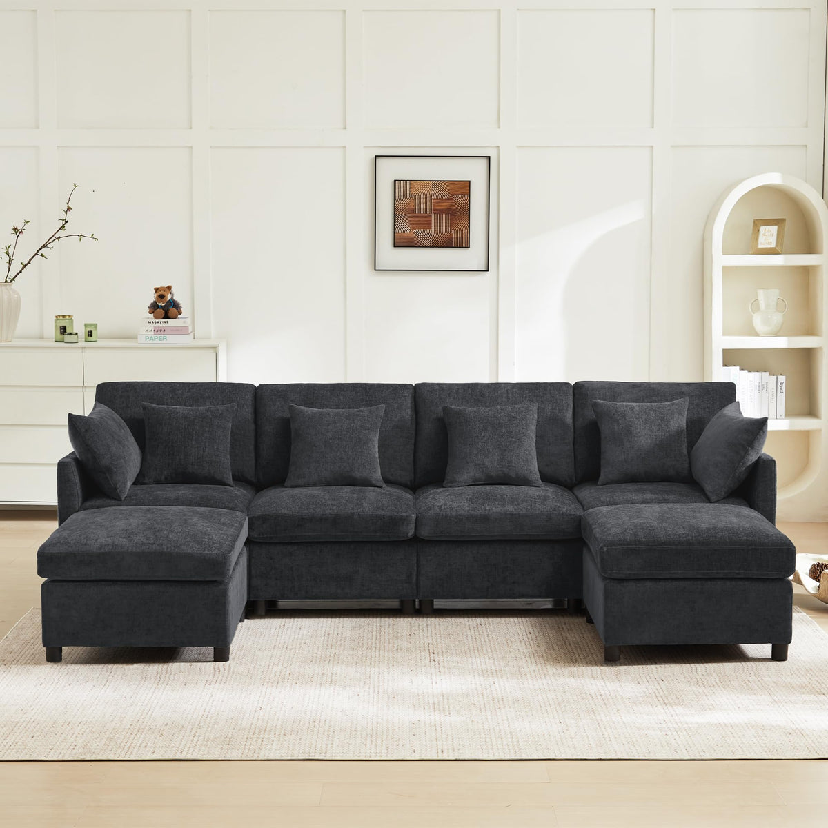 Sofá modular de 6 plazas, sofá esquinero en forma de L/U, puertos USB/tipo C, portavasos y espacio de almacenamiento, tela de chenilla, 7 cojines, salón, dormitorio y oficina, color beige