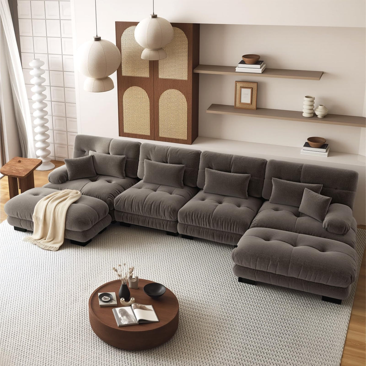 SoarFlash Sofá U Modular de 4 plazas para salón Moderno, sofá Nube de Tela Chenille con reposabrazos, Color Amarillo, 145×406 cm