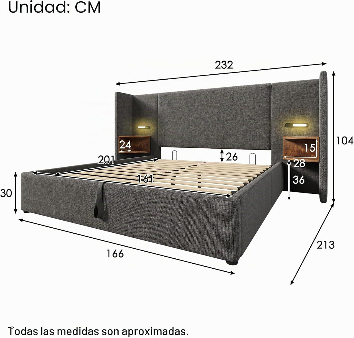 Camas Matrimoniales 160x200 con Cabecero Extendido y Espacio de Almacenaje Hidráulica, Cama Matrimonio con Lámpara de Lectura, Cama Doble con Puerto USB y Tipo C, Lino, Gris, Sin Colchón