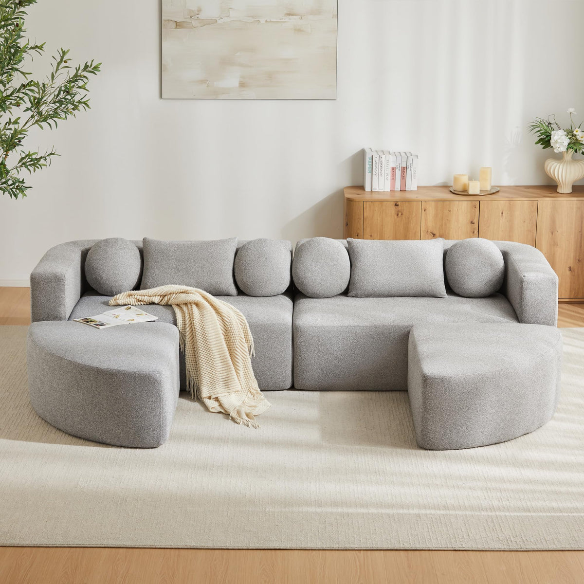 LAKFEW Sofa Cama con Cama Extensible y Taburete Almacenaje, Sofa Rinconera con USB, Lámpara de Lectura, Mesa Plegable con 2 Posavasos, 205x205x85 cm, Gris