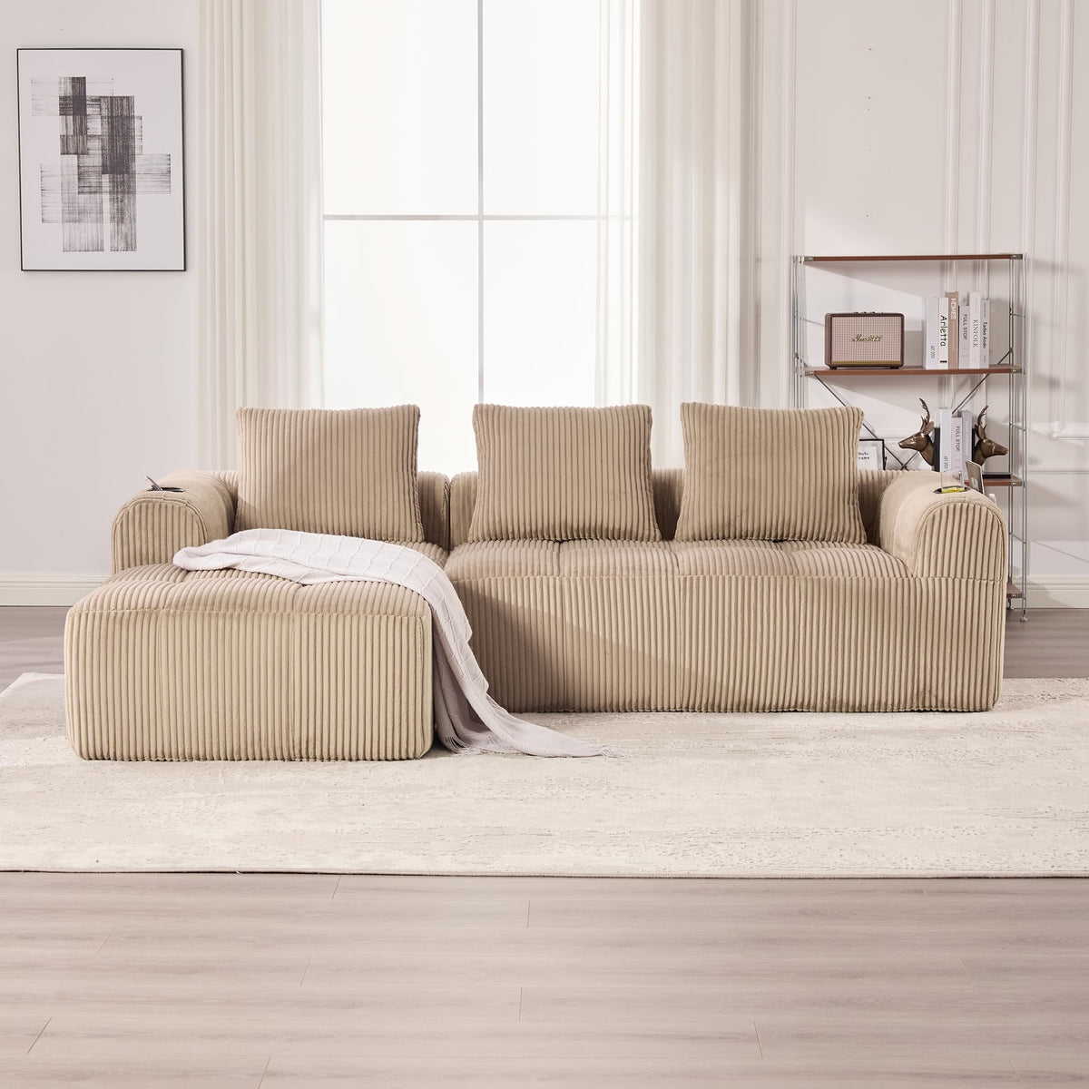 Dolamaní Sofá compacto de 3 plazas de pana con 3 cojines, sofá esquinero en forma de L con función de dormir, suave y modular, asiento extraprofundo, sin montaje, para salón (gris oscuro)
