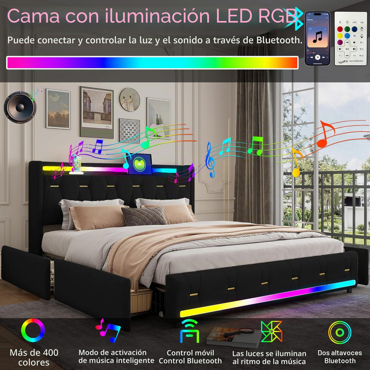Estructura de Cama de Cuero 160x200cm con Carga USB Type-C, Blanco
