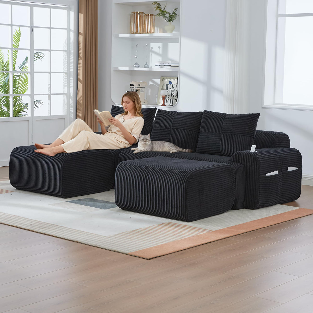 Sofá modular de 200 cm, sofá de 2 plazas con portabebidas y bolsillo de almacenamiento lateral, sofá comprimido de pana, sofá seccional para sala de estar y dormitorio