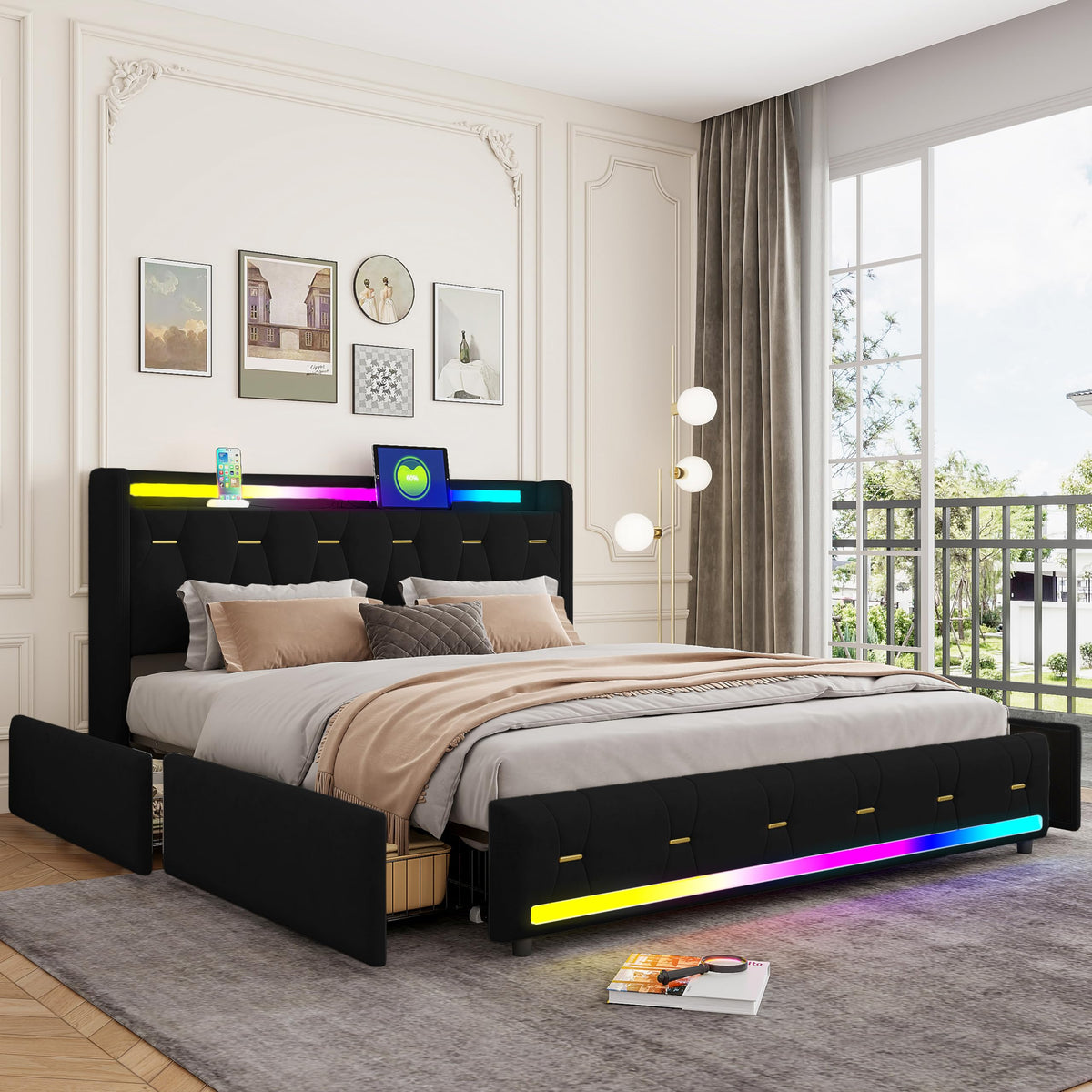 Estructura de Cama de Cuero 160x200cm con Carga USB Type-C, Blanco