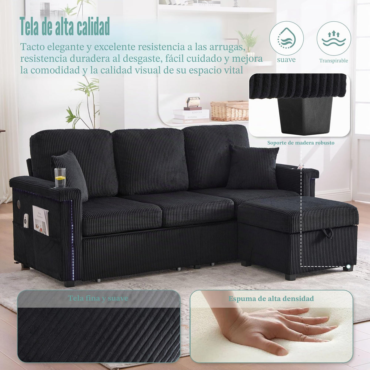 Lubvtti Sofá cama de 3 plazas moderno con función de cama, con espacio de almacenamiento, cargador USB, reposabrazos portaobjetos y 2 cojines, sofá de esquina en L, sofá de 3 plazas, chenilla (C-gris)