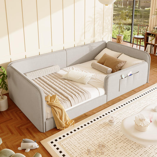 Cama con plataforma 90 x 200 cm con funda de lino suave, acolchado de espuma con marco de seguridad integral, color gris