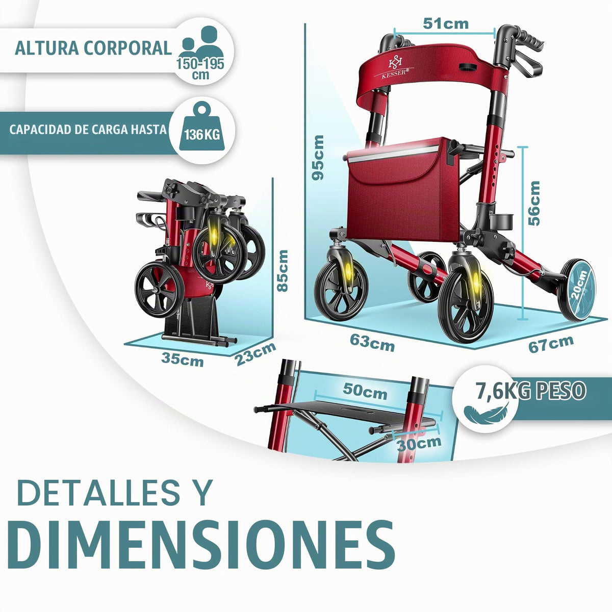 KESSER® Andador plegable con asiento y respaldo, 4 Ruedas/Frenos/Saco de Compra y Porta Bastón, Altura Ajustable 82-94cm, Andador, Carro, Rollator para Ancianos Gris