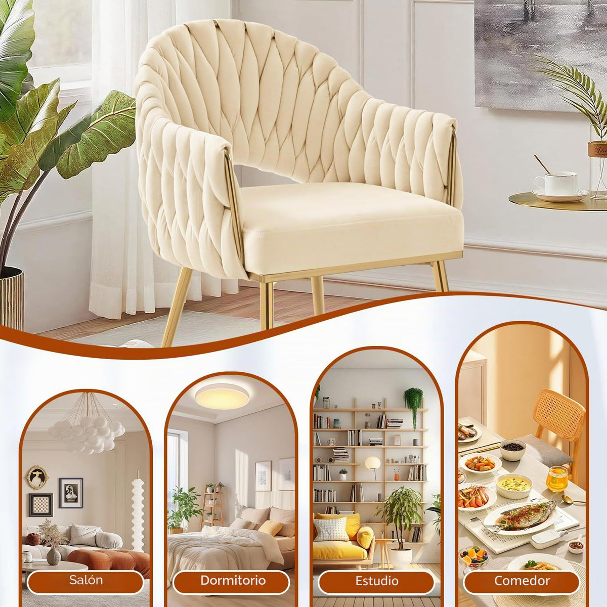 Juego de 4 sillas de comedor de terciopelo, sillones de salón, sillas de comedor con reposabrazos, sillas de cocina con respaldo alto trenzado a mano, silla de tocador con patas doradas