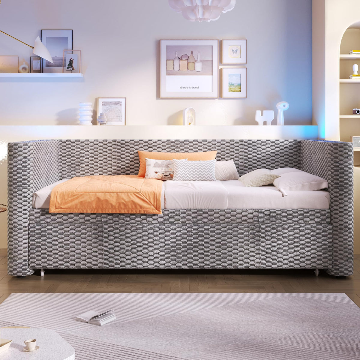 Moimhear Cama de día, diván cama, sofá cama, diseño de cama extensible multifuncional con tira de luz LED, somier de listones (sin colchón), terciopelo (beis, 90 x 200 cm+180 x 200 cm)