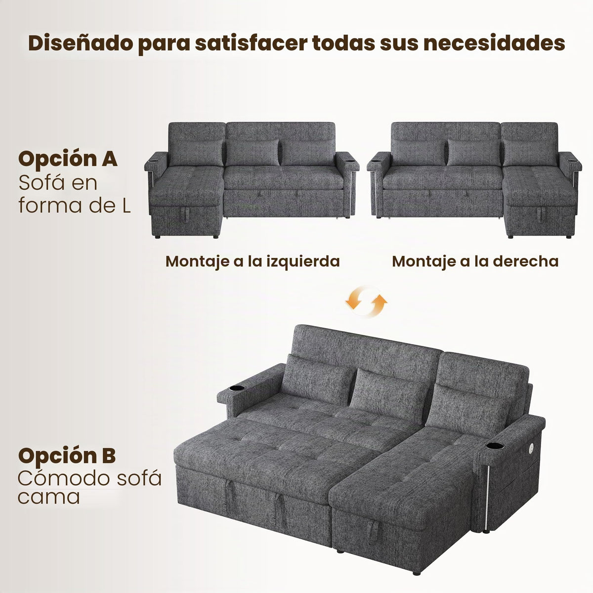 Bladez Sofá cama extensible en forma de L de lino con espacio de almacenamiento, soporte para bebidas, sofá modular de 3 plazas para salón (gris)