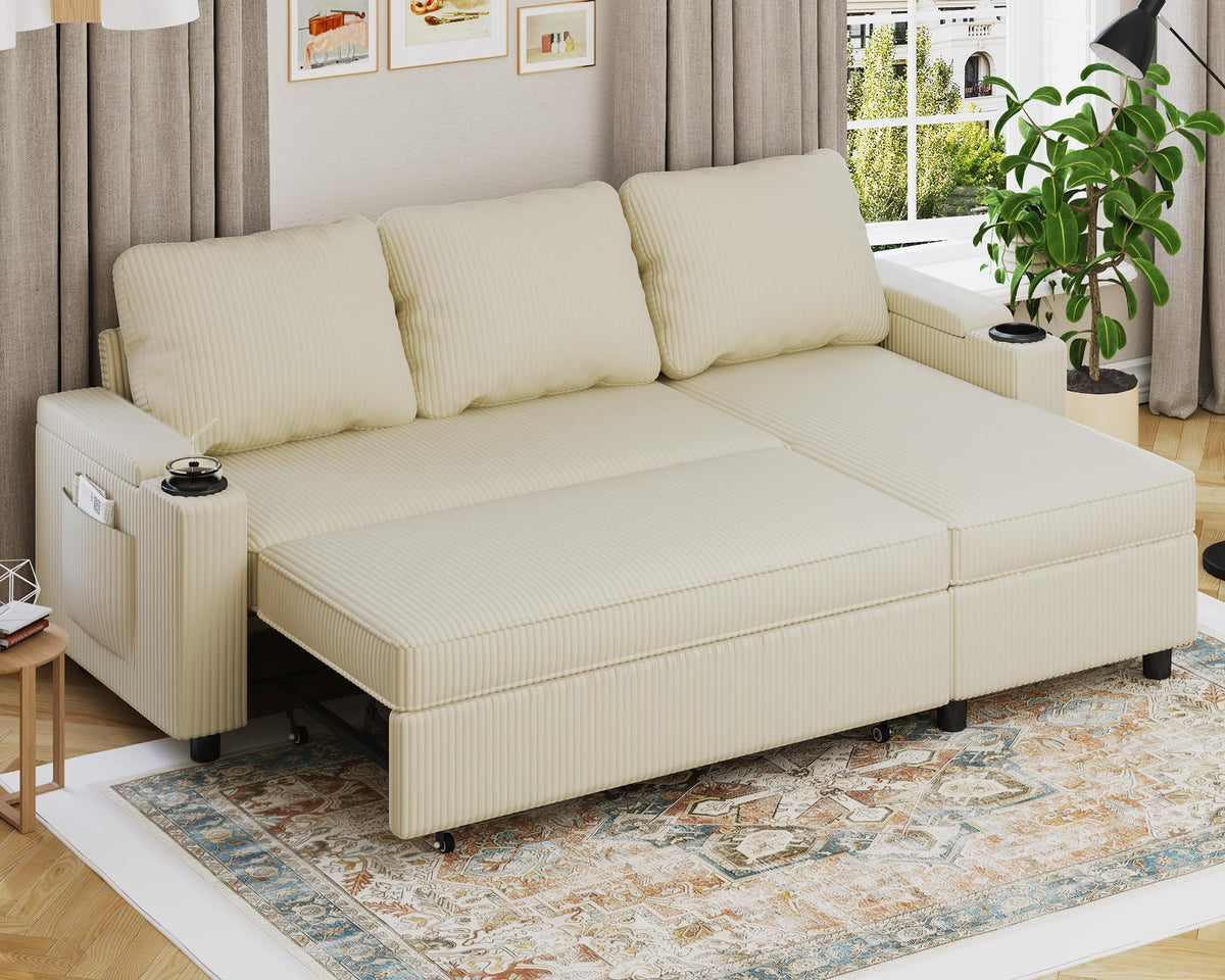 Devoko Sofá Cama L 3 plazas Azul Marino con almacén y portavasos, sofá Convertible Suave para salón y Piso, multifunción con Brazos amplios y Gran almacenaje