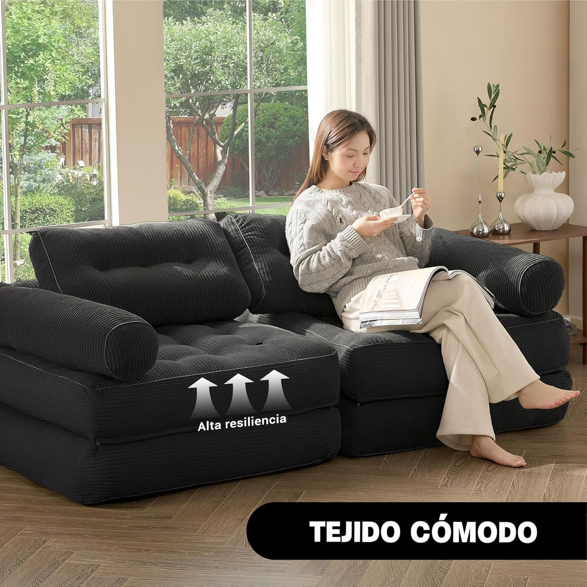 Sofá Convertible 4 en 1, Sofá Cama 1 Plaza, Pana, Negro