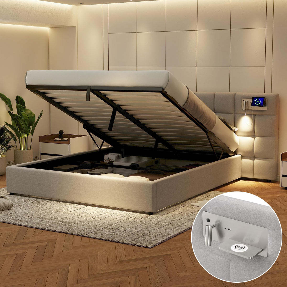 Cama 180x200 cm Camas Matrimoniales con LED y Lámpara de Noche, Cama Doble Tapizada con USB y Cabecero Ancho, Almacenaje Hidráulico, Soporte de Lamas de Madera, Terciopelo, Sin Colchón, Gris