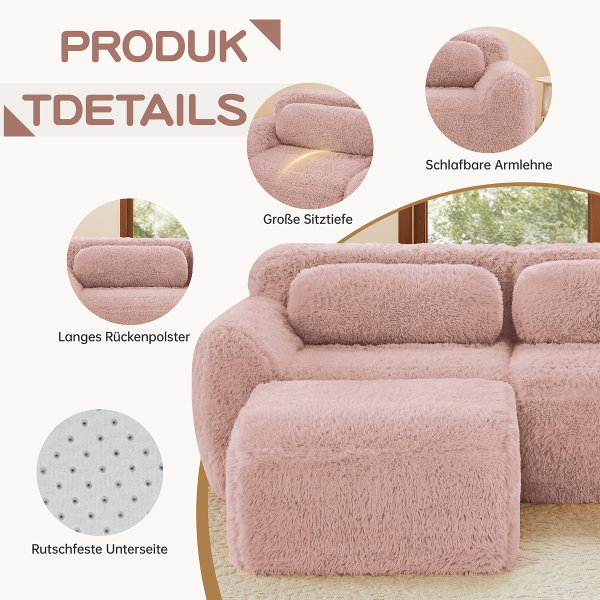 Sofá modular combinable en forma de L de 4 plazas, tejido de felpa con cojines, espuma de alta elasticidad, diseño chaise longue para salón o dormitorio (negro)