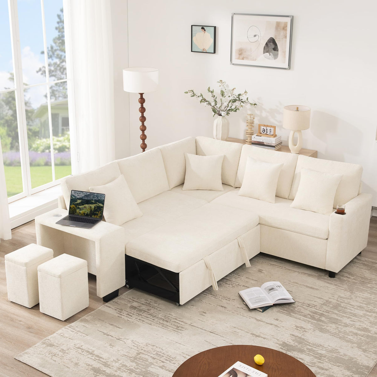 Sofá moderno de chenilla en forma de U con chaise longue, sofá esquinero de 4 plazas con espacio de almacenamiento, puerto USB y tipo C, modular, con soporte para bebidas y cojines suaves