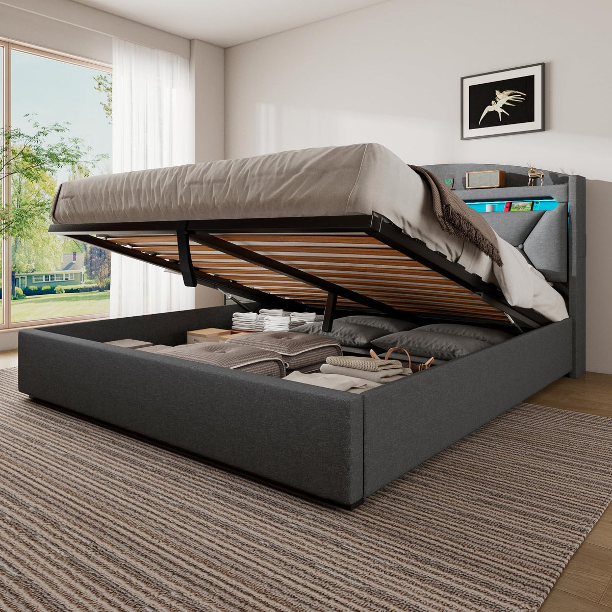 Cama 90x200 cm con Almacenamiento, Cama Individual con LED, Puertos USB y Type-C, Somier 90x200 Hidráulico, Camas Juveniles Camas Infantiles con Cabecero, Lino, Beige, Colchón No Incluido