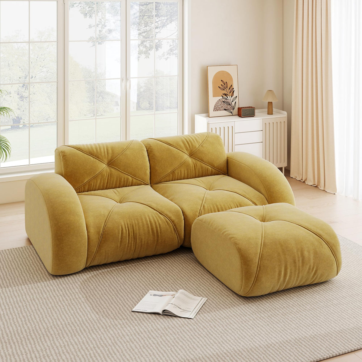 Sofá de esquina en forma de L de 4 plazas con reposapiés, sofá modular Cloud sin marcos de chenilla, sofá de estar suave, antideslizante, combinable de forma flexible, sin montaje, salón color