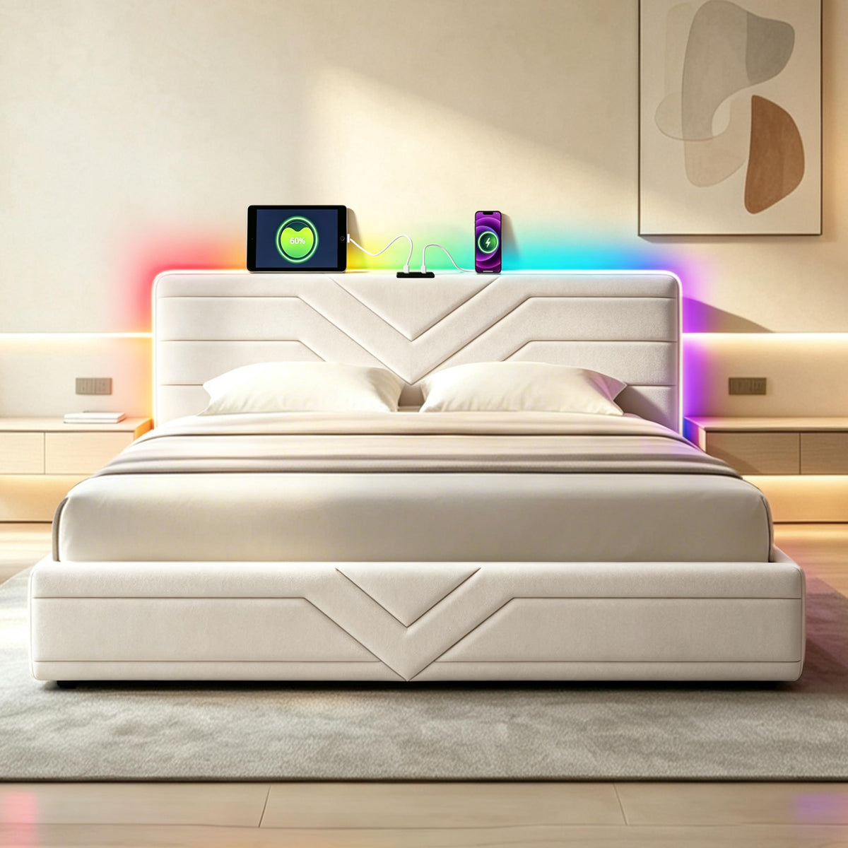 Armazón de Cama de Cuero 140x200cm con luz LED, Blanco