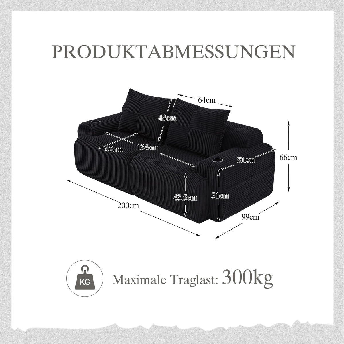 Sofá modular de 200 cm, sofá de 2 plazas con portabebidas y bolsillo de almacenamiento lateral, sofá comprimido de pana, sofá seccional para sala de estar y dormitorio
