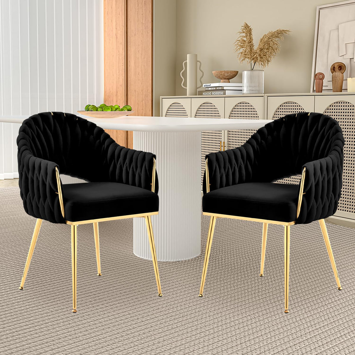 Juego de 4 sillas de comedor de terciopelo, sillones de salón, sillas de comedor con reposabrazos, sillas de cocina con respaldo alto trenzado a mano, silla de tocador con patas doradas