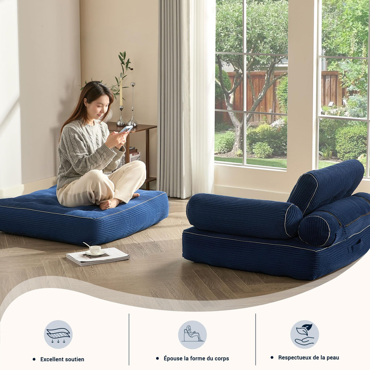 Sofá Convertible 4 en 1, Sofá Cama 1 Plaza, Pana, Negro