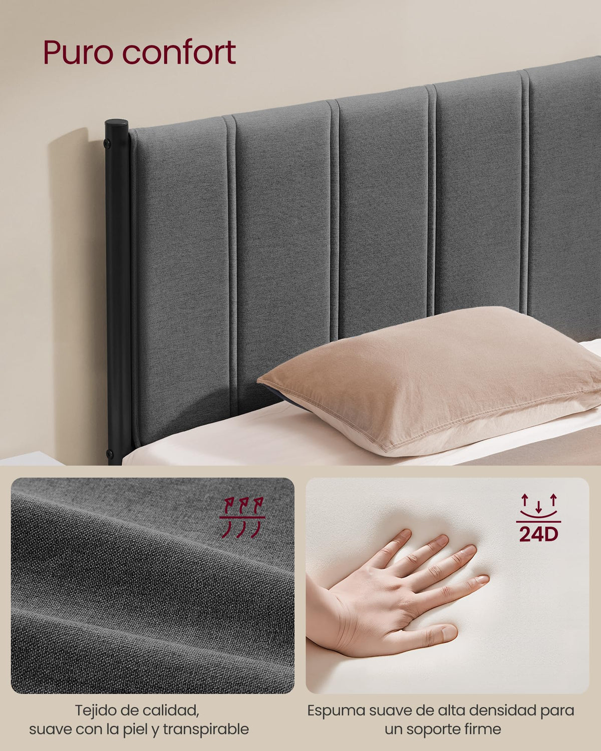 VASAGLE Estructura de Cama, 160 x 200 cm, Cama Elevable, 2 Personas, con Almacenaje, Cabecero, Sistema Hidráulico, Moderno y Minimalista, Fácil Montaje, Beige Capuchino RMB615LH01