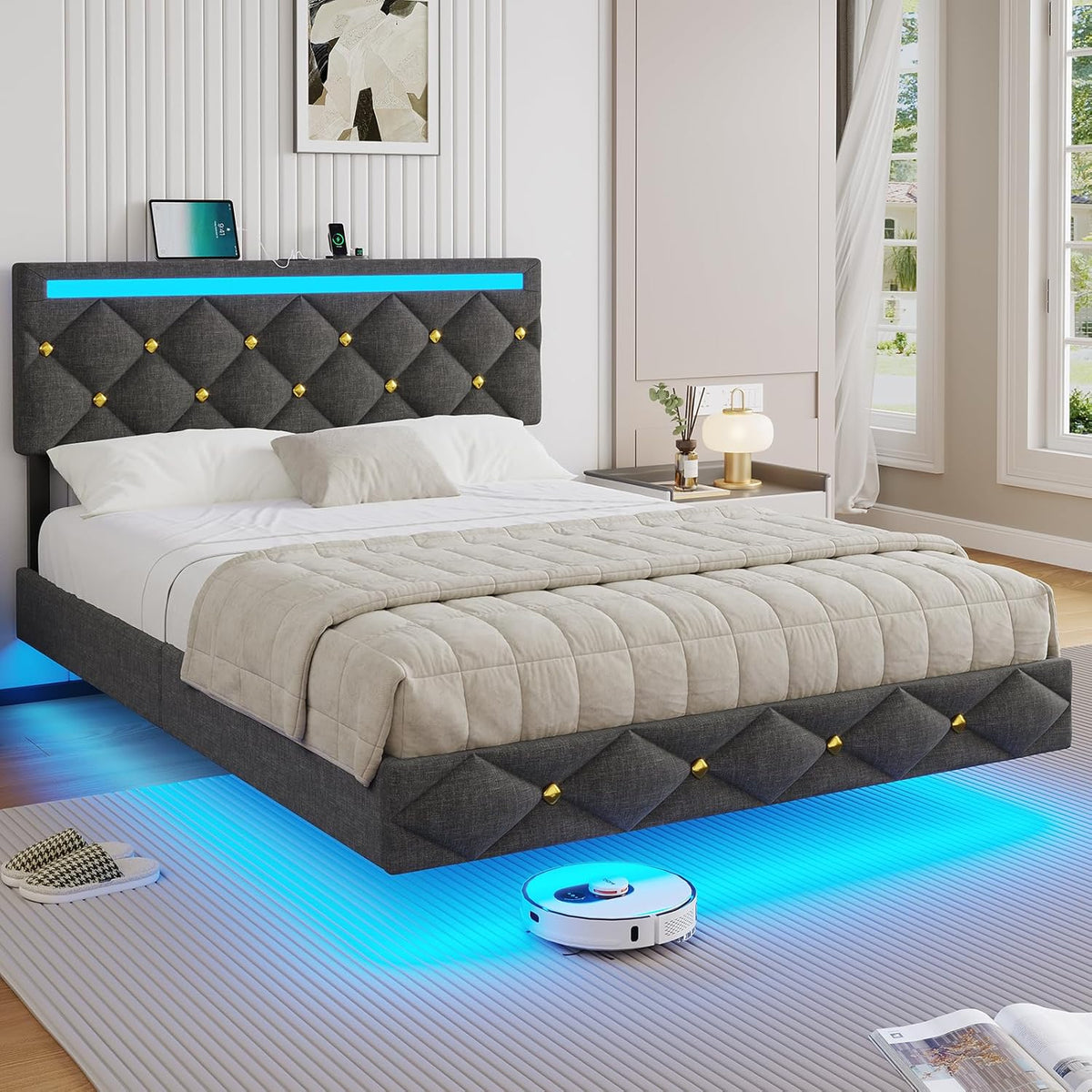 DICTAC Cama tapizada de 140 x 190 cm con carga USB e iluminación LED, cabecero con LED, cama doble con somier, cama juvenil, cama funcional, tela de lino, sin colchón