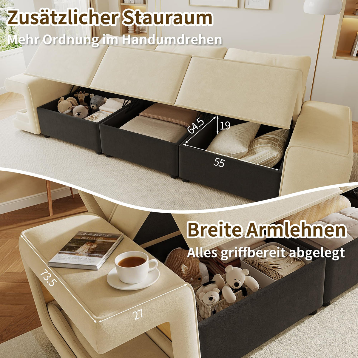 Sofá modular de 6 plazas, sofá esquinero en forma de L/U, puertos USB/tipo C, portavasos y espacio de almacenamiento, tela de chenilla, 7 cojines, salón, dormitorio y oficina, color beige
