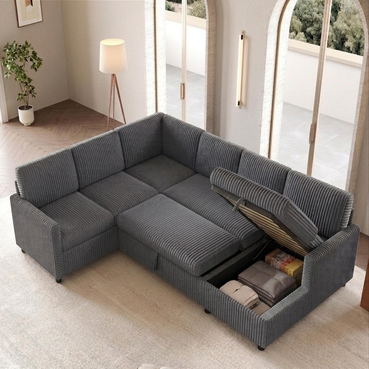 LAKFEW Sofa Cama con Cama Extensible y Taburete Almacenaje, Sofa Rinconera con USB, Lámpara de Lectura, Mesa Plegable con 2 Posavasos, 205x205x85 cm, Gris