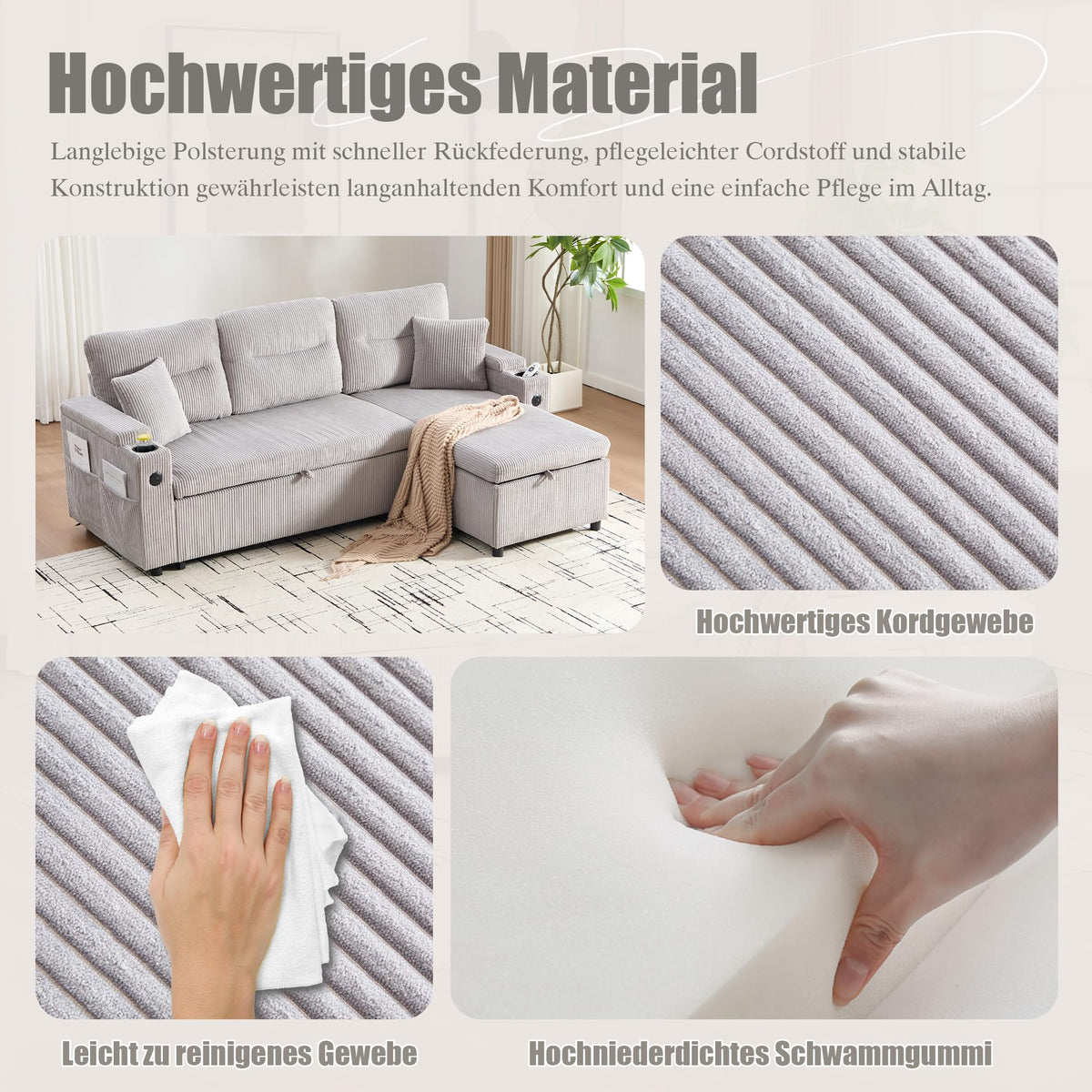 Dolamaní Sofá moderno de 4 plazas de tela de lino con espacio de almacenamiento y función de dormir, sofá cama con cajonera extensible en forma de L para casa y salón (beige B)
