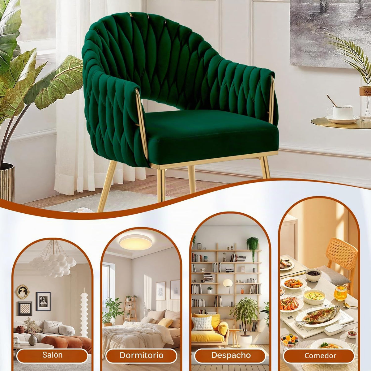 Juego de 4 sillas de comedor de terciopelo, sillones de salón, sillas de comedor con reposabrazos, sillas de cocina con respaldo alto trenzado a mano, silla de tocador con patas doradas