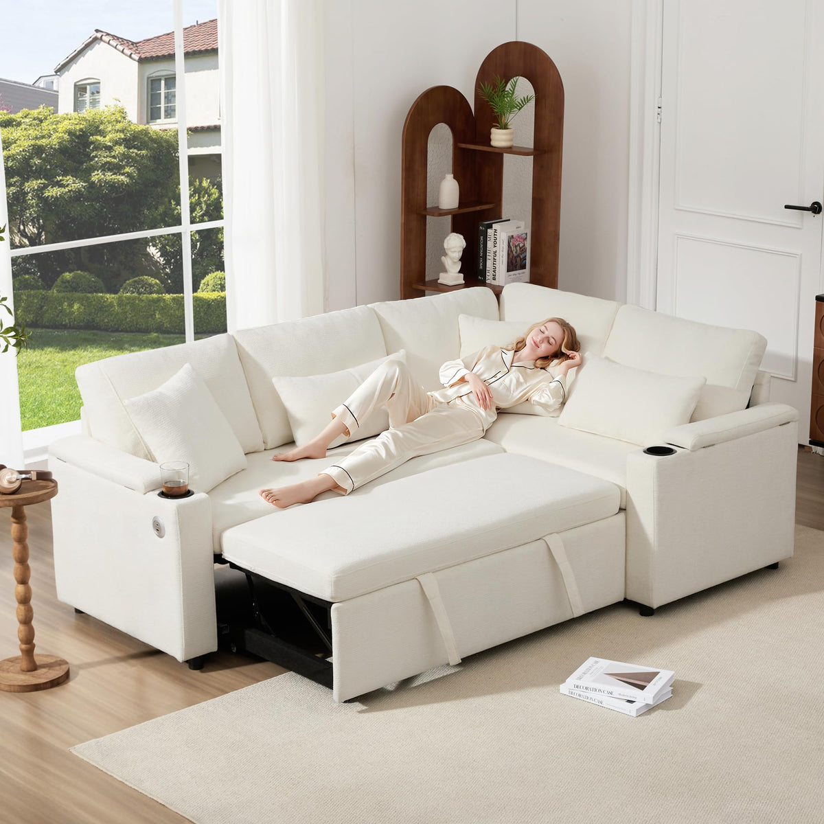 Sofá esquinero extensible en forma de L con puerto USB y portavasos, sofá cama de 4 plazas con función cama, sofá convertible con espacio de almacenamiento y reposabrazos, cojines, chenilla
