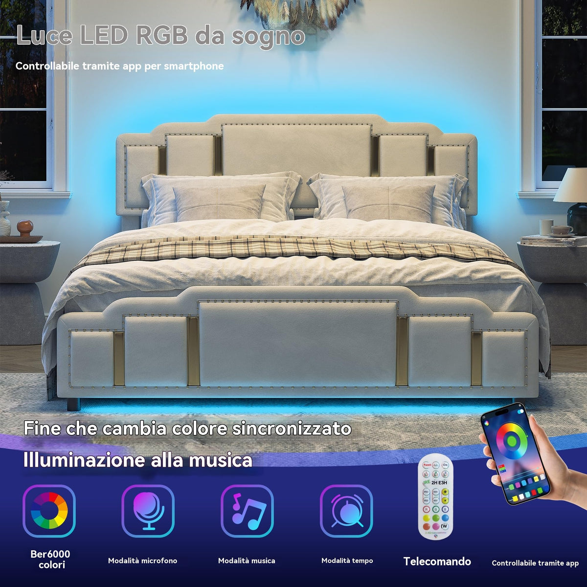 Cama tapizada de 160 x 200 cm con espacio de almacenamiento e iluminación LED, cama doble hidráulica con detalles dorados, cama de terciopelo de lujo con sincronización de música y