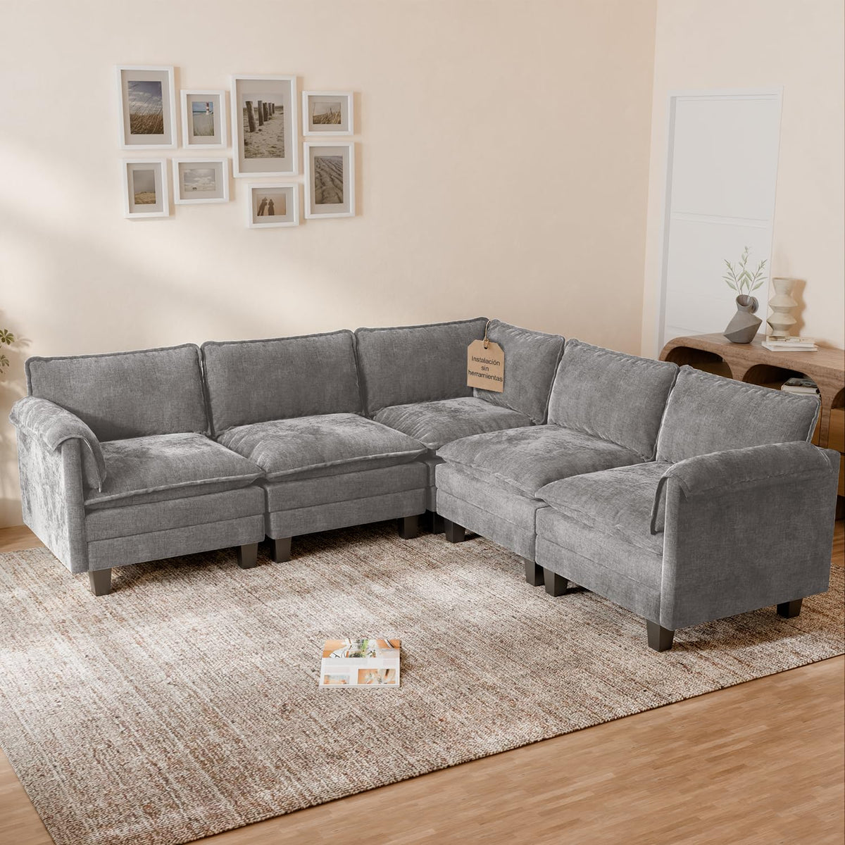 ELUCHANG Sofá Nube Modular 256cm, Sofá de 3 Plazas con Asiento Profundo 62cm, Montaje sin Herramientas, Sofá Moderno de Chenilla para Salón y Habitación, Gris Perla
