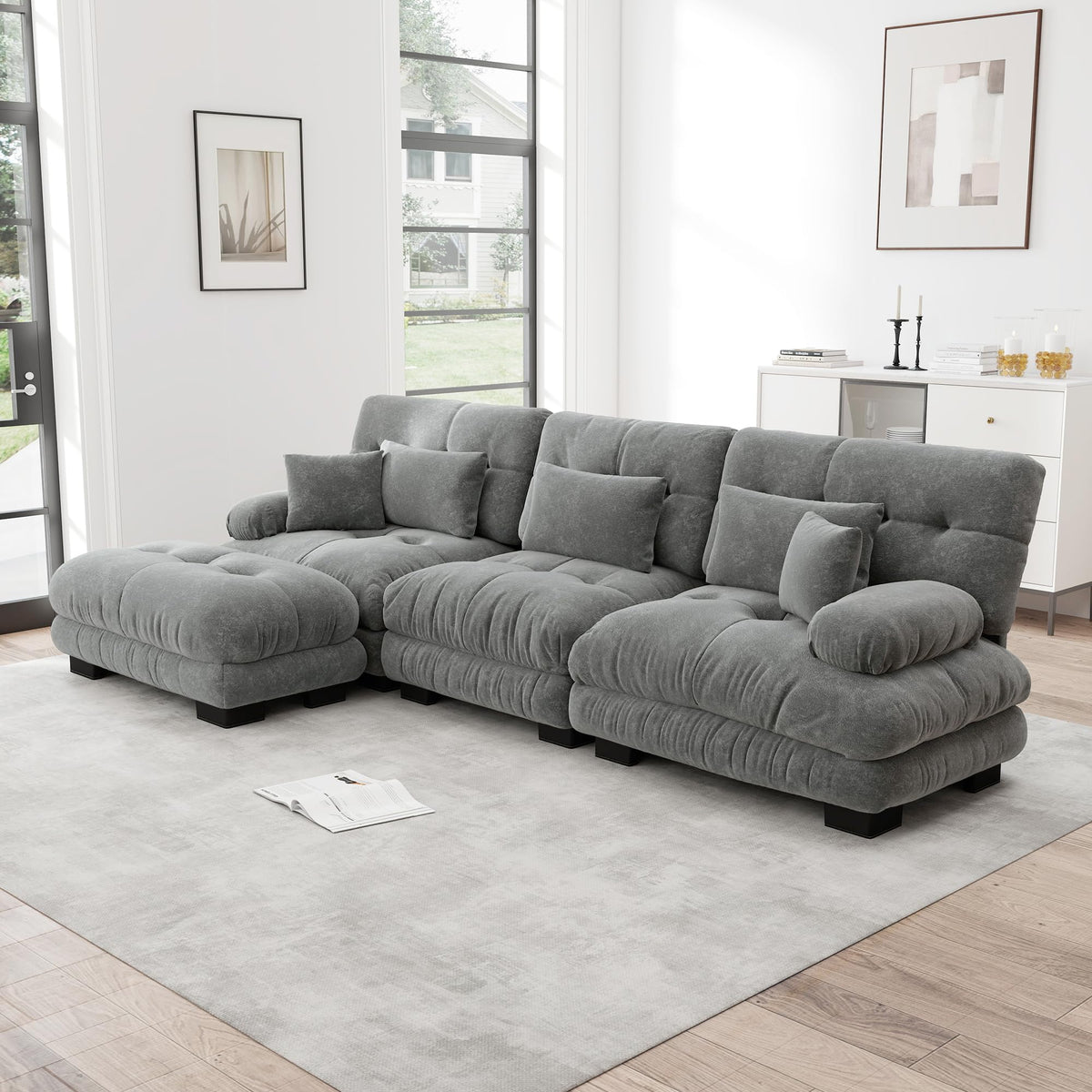 Sofá seccional Cloud en forma de L de 4 plazas con otomana móvil, ciniglia paisaje residencial con asiento profundo y reposabrazos anchos, gran sofá de sala para apartamento