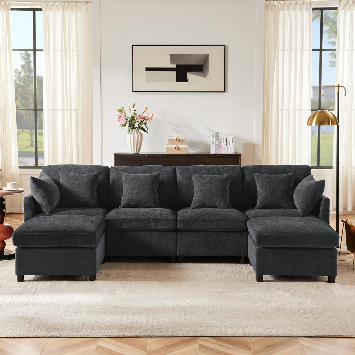 Sapgaks Sofá Seccional en U Moderno,Sofá 4 plazas,Mueble Acolchado de diseño Moderno,Tela de Chenilla (Beige)