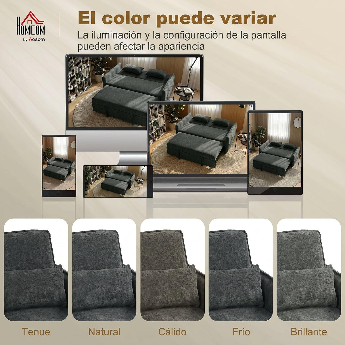 HOMCOM Sofá Cama 2 Plazas 3 en 1 Mesa Auxiliar 2 Almohadas Gris Oscuro