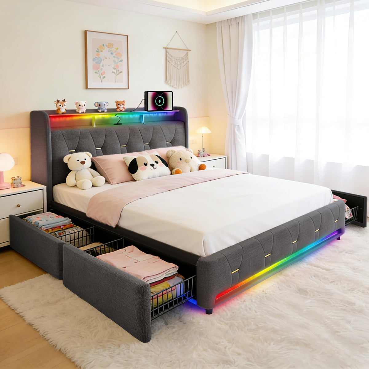 Estructura de Cama 140x200 cm con iluminación LED, Lino, Gris